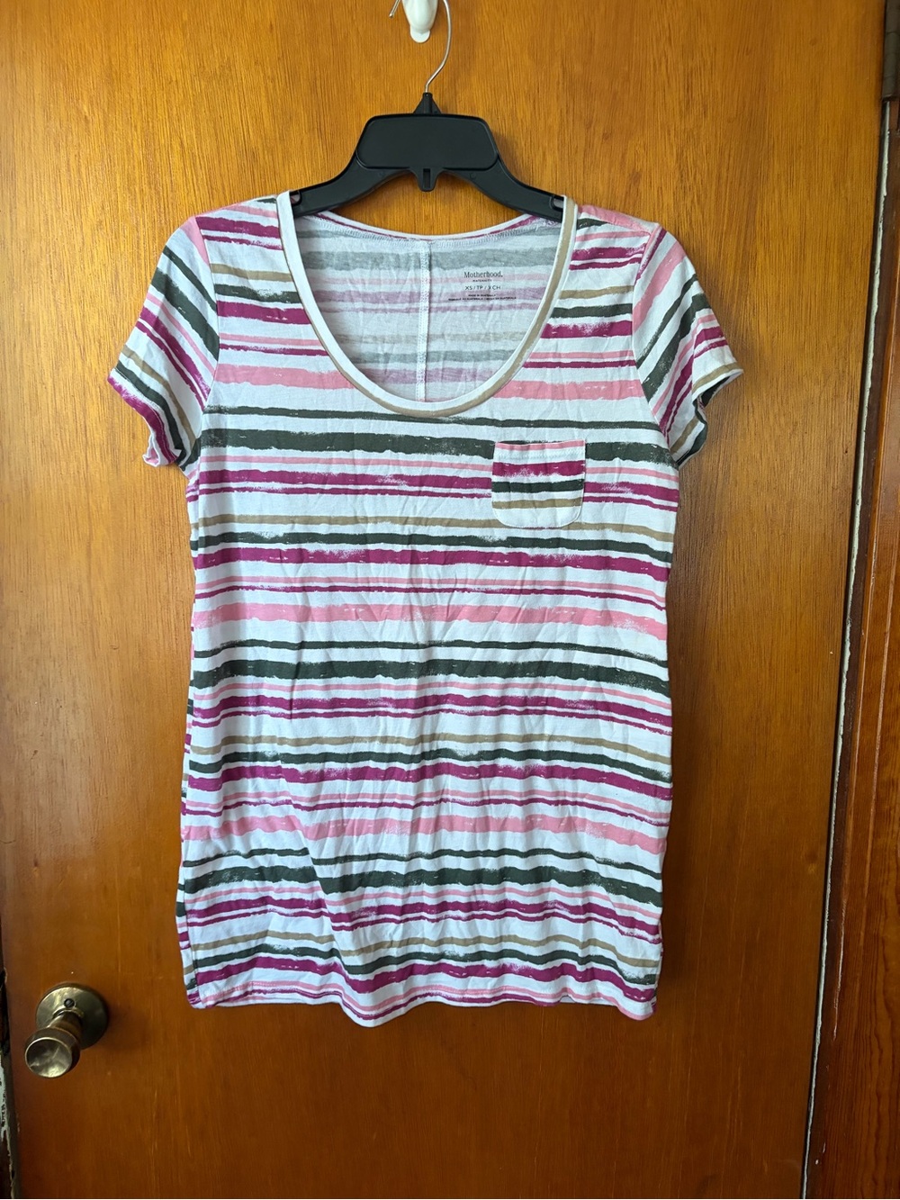 Striped Scoop Neck Pocket Maternity Tee - Pink Multi